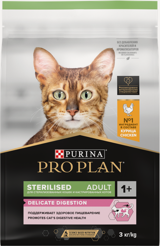 Изображение товара Pro Plan Sterilised сухой корм для стерилизованных кошек с чувствительным пищеварением (курица) 3кг
