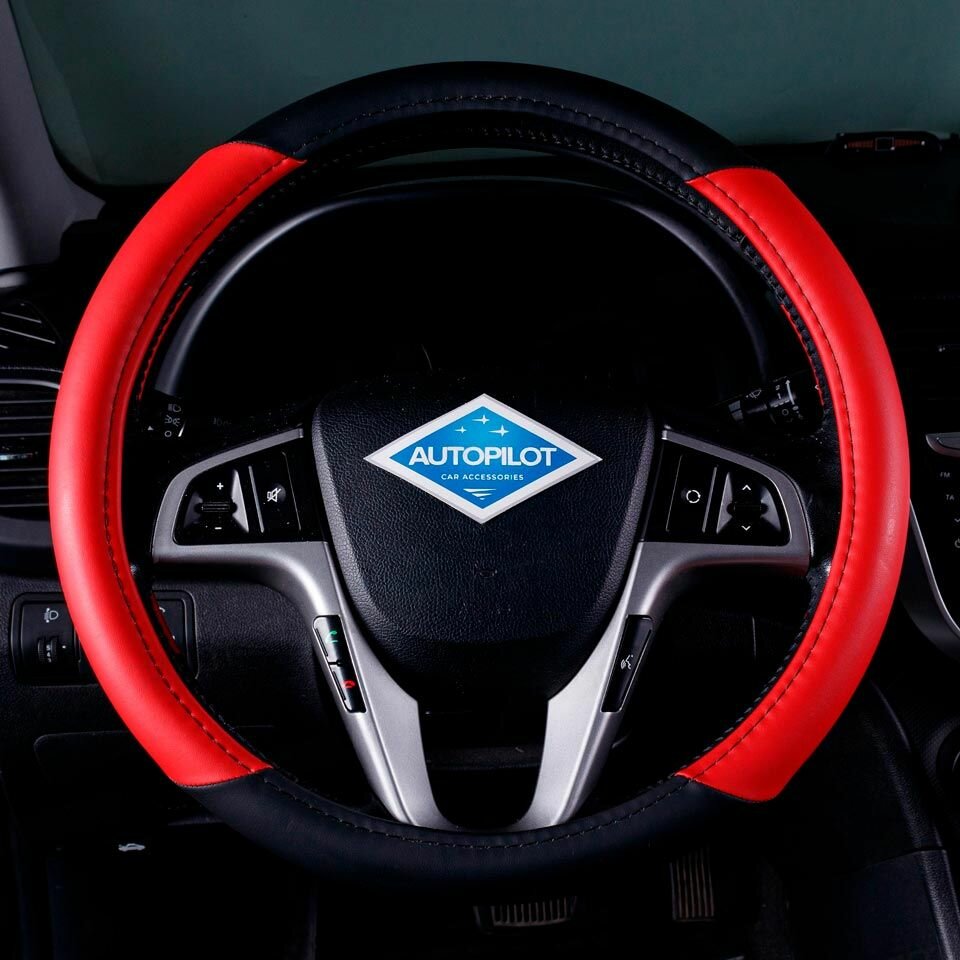 Оплетка, чехол (накидка) на руль Хендай Солярис (2017 - 2020) седан / Hyundai Solaris, Экокожа, Черный и красный