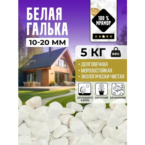 Белая мраморная галька, фракция 10-20 мм, 5 килограмм, камни декоративные для аквариумов, террариумов, сада и интерьера, галька галтованная.