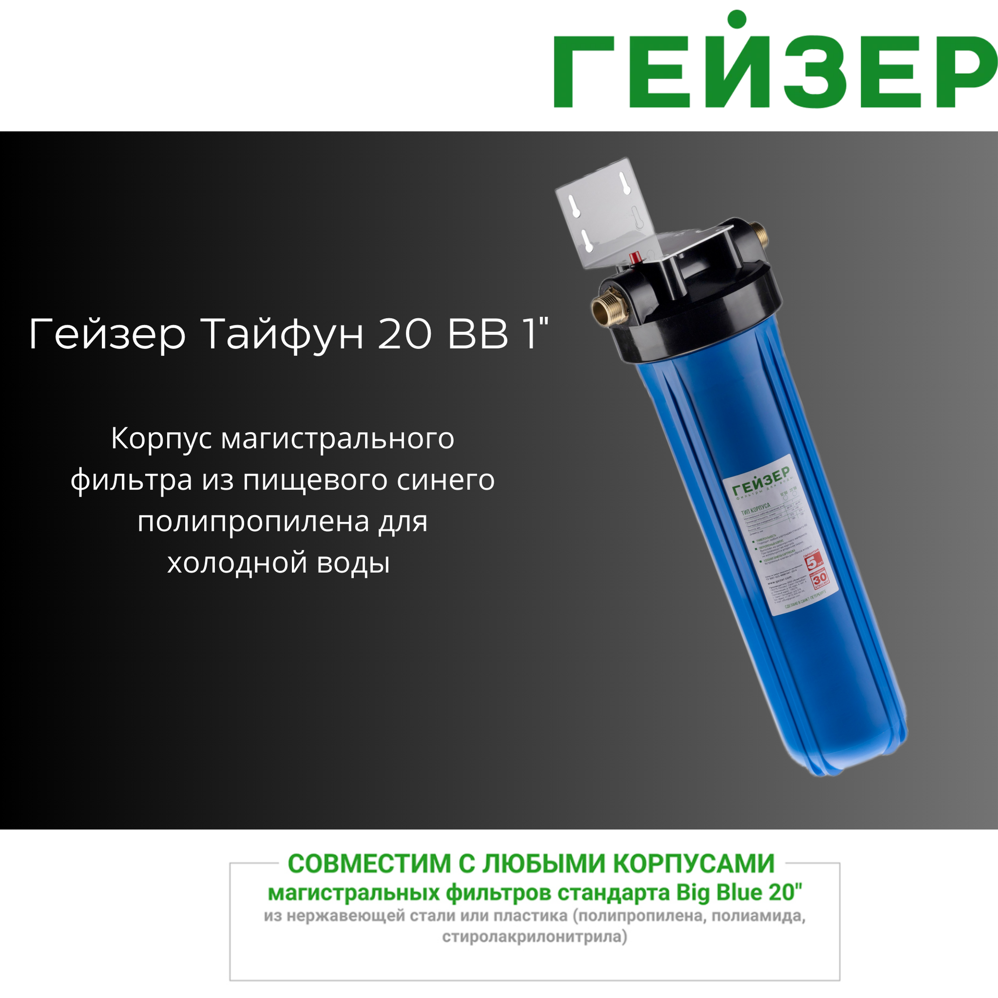 Корпус фильтра Гейзер "Тайфун",1", 20 BB, пищевой синий пропилен, для холодной воды