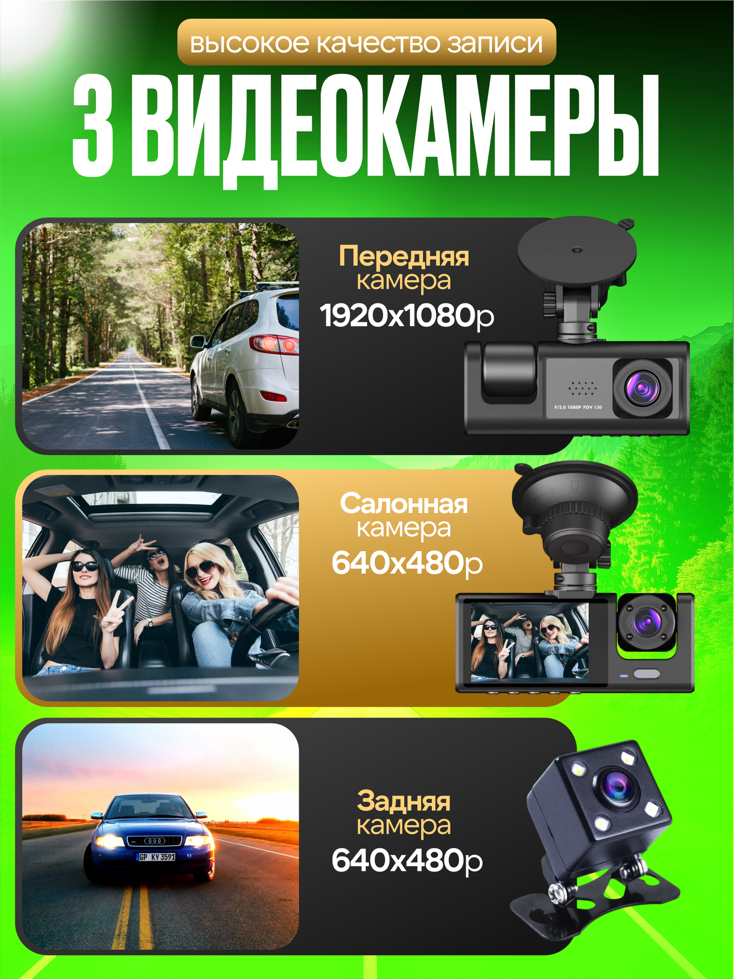 Видеорегистратор FHD WiFi, 3 камеры, 64gb, угол обзора 170, датчик удара, помощник парковки — фото 1