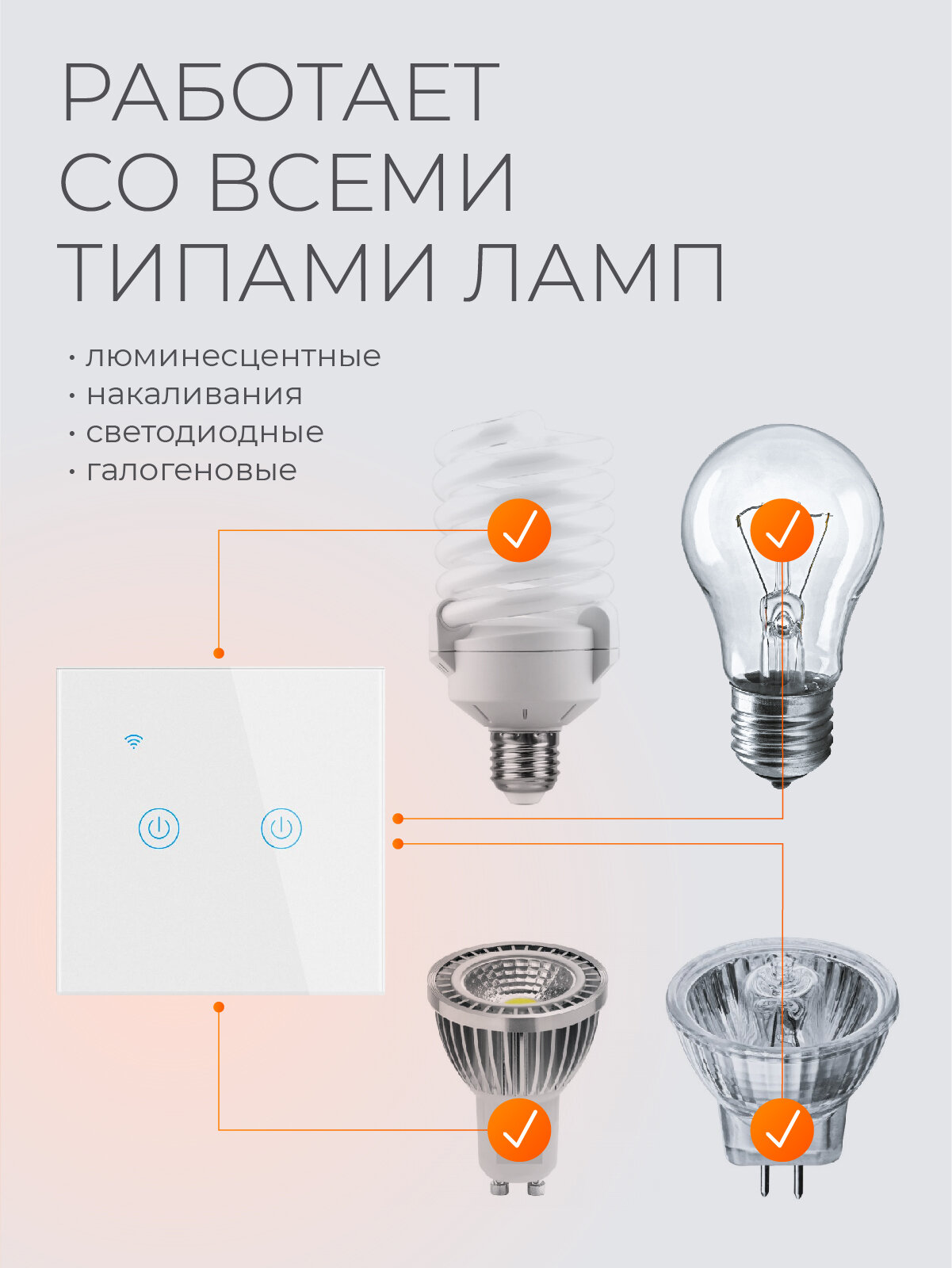 Умный выключатель сенсорный с Алисой и Wi-Fi двухклавишный белый / FoxHome — фото 1