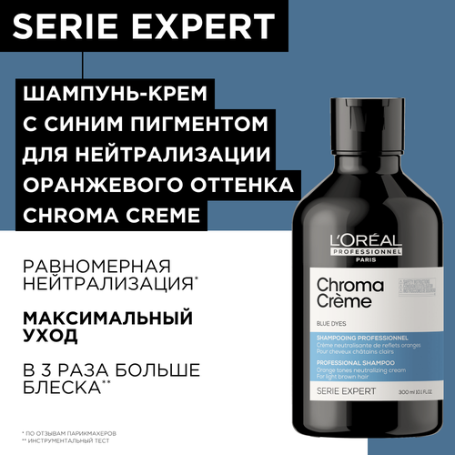 Шампунь-крем с синим пигментом L'OREAL PROFESSIONNEL Shampoo Serie Expert Chroma Crème Blue Dyes 300 мл шампунь крем с фиолетовым пигментом для нейтрализации желтизны очень светлых волос l oreal professionnel shampoo serie expert chroma crème purple dyes 300 мл