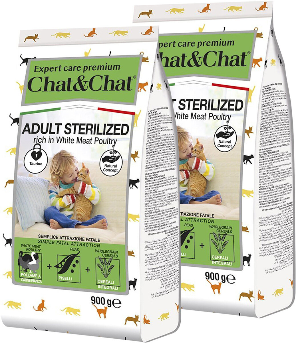 Сухой корм CHAT&CHAT EXPERT PREMIUM ADULT STERILIZED WHITE MEAT POULTRY для взрослых кастрированных котов с белым мясом птицы (0,9 кг + 0,9 кг)