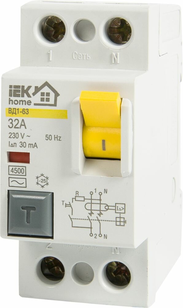 УЗО IEK Home ВД1-63 1P N 32 А 30 мА 4.5 кА AC MDV10-2-032-030