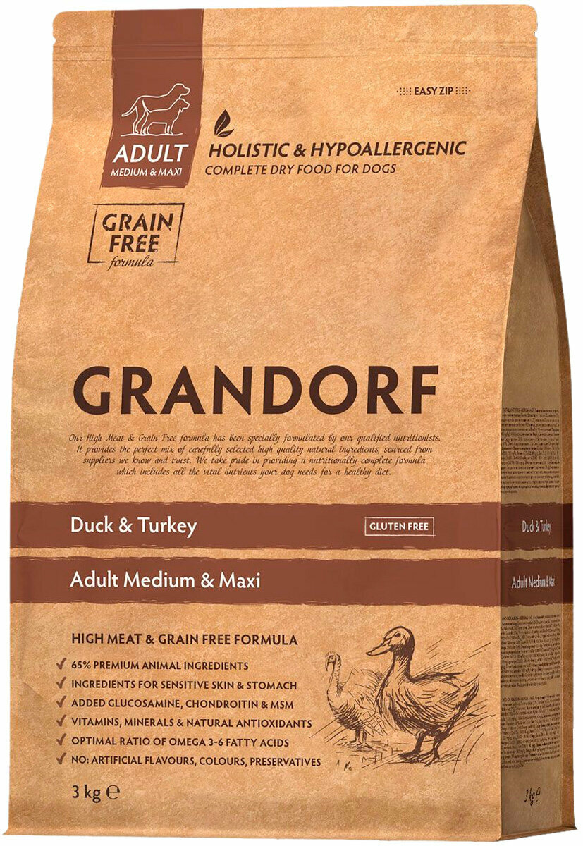 GRANDORF GRAIN FREE DOG ADULT MEDIUM & MAXI DUCK & TURKEY беззерновой для взрослых собак средних и крупных пород с уткой и индейкой (3 кг)