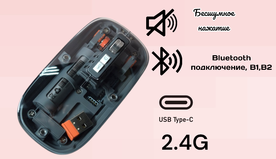 Беспроводная прозрачная мышь/аккумуляторная/Разъем Type-C/Бесшумная мышь/Серая