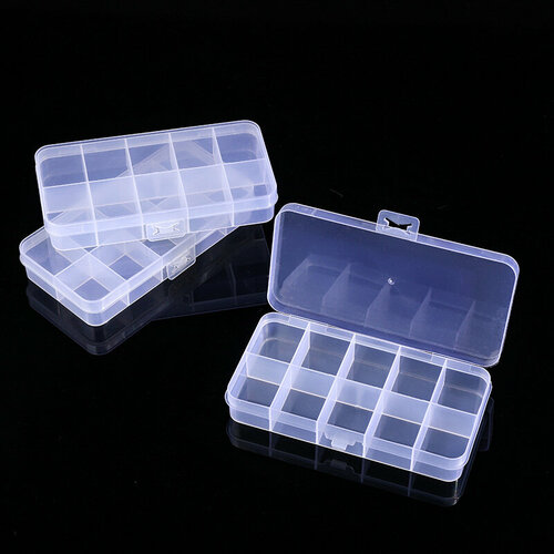 Бокс для бисера, органайзер для хранения мелких вещей, пластик, прозрачный, прямоугольный 12,5 х 6,5 х 2 см, 10 ячеек.