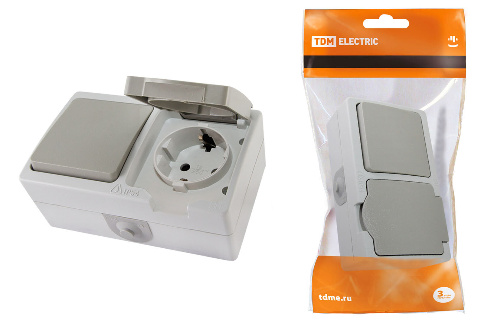 фото Блок (горизонтальный) выключатель 1-кл. + розетка 2П+З с з/ш бквр IP54 серый "Вуокса" TDM SQ1803-0010