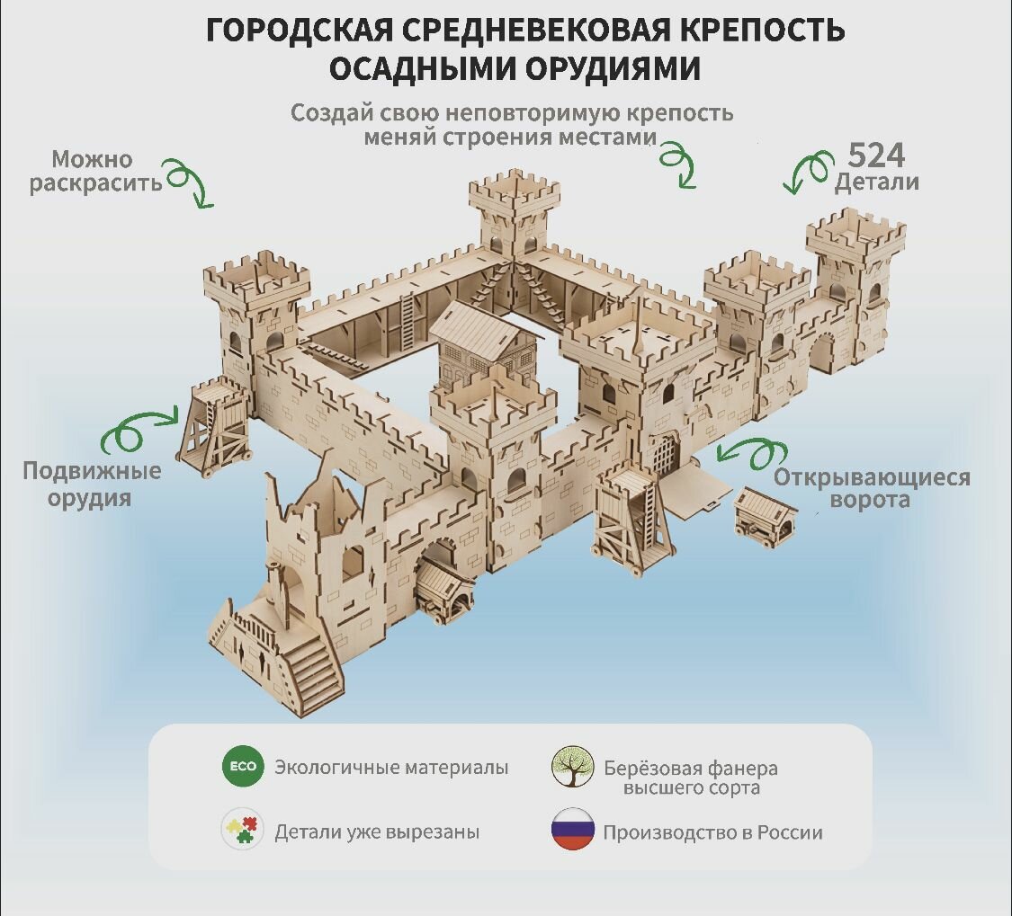 Деревянный конструктор Замок Средневековая городская крепость, средний, 524 дет.