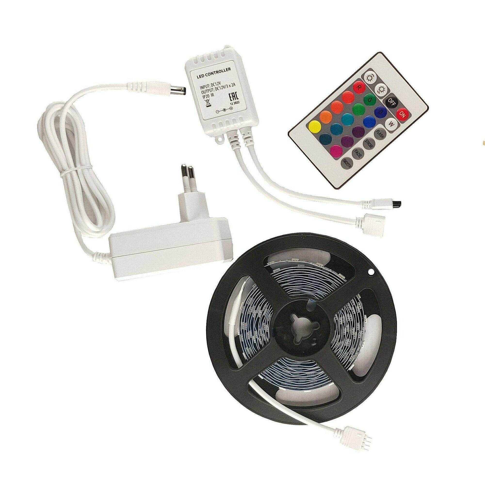 Комплект светодиодной ленты 3м + Адаптер к сети 220v + Пульт ДУ Подсветка 36Вт 60LED/m IP20 RGB