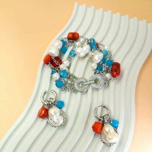 фото Комплект бижутерии комплект украшений: браслет, серьги, коралл, амазонит, красный, серебряный нет бренда