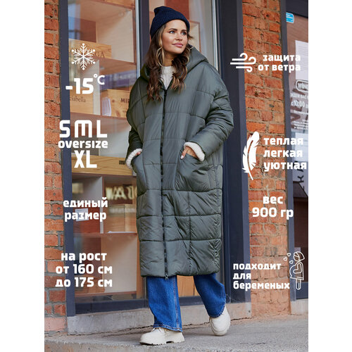 фото Куртка женская зимняя с капюшоном, удлиненная, оверсайз, размер единый 42-52, зеленый тыideal