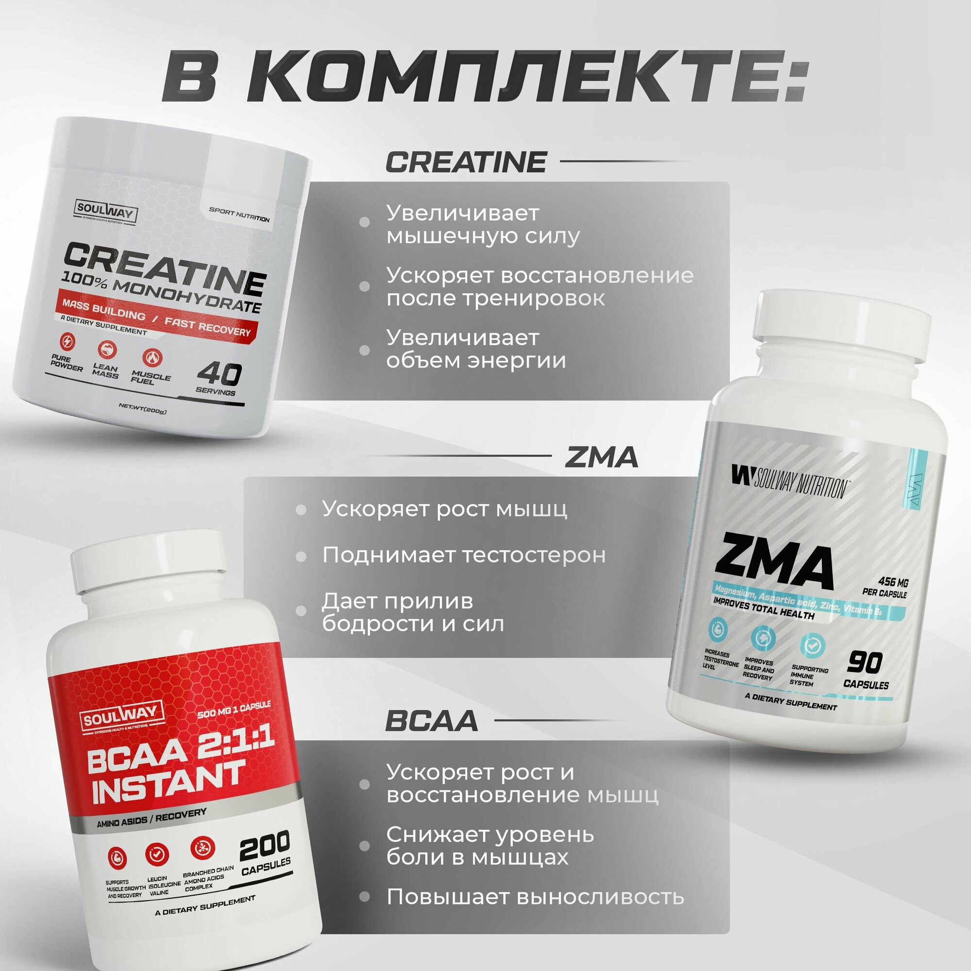 Полный набор для наращивания мышечной массы Гейнер + Протеин + Креатин + BCAA + ZMA