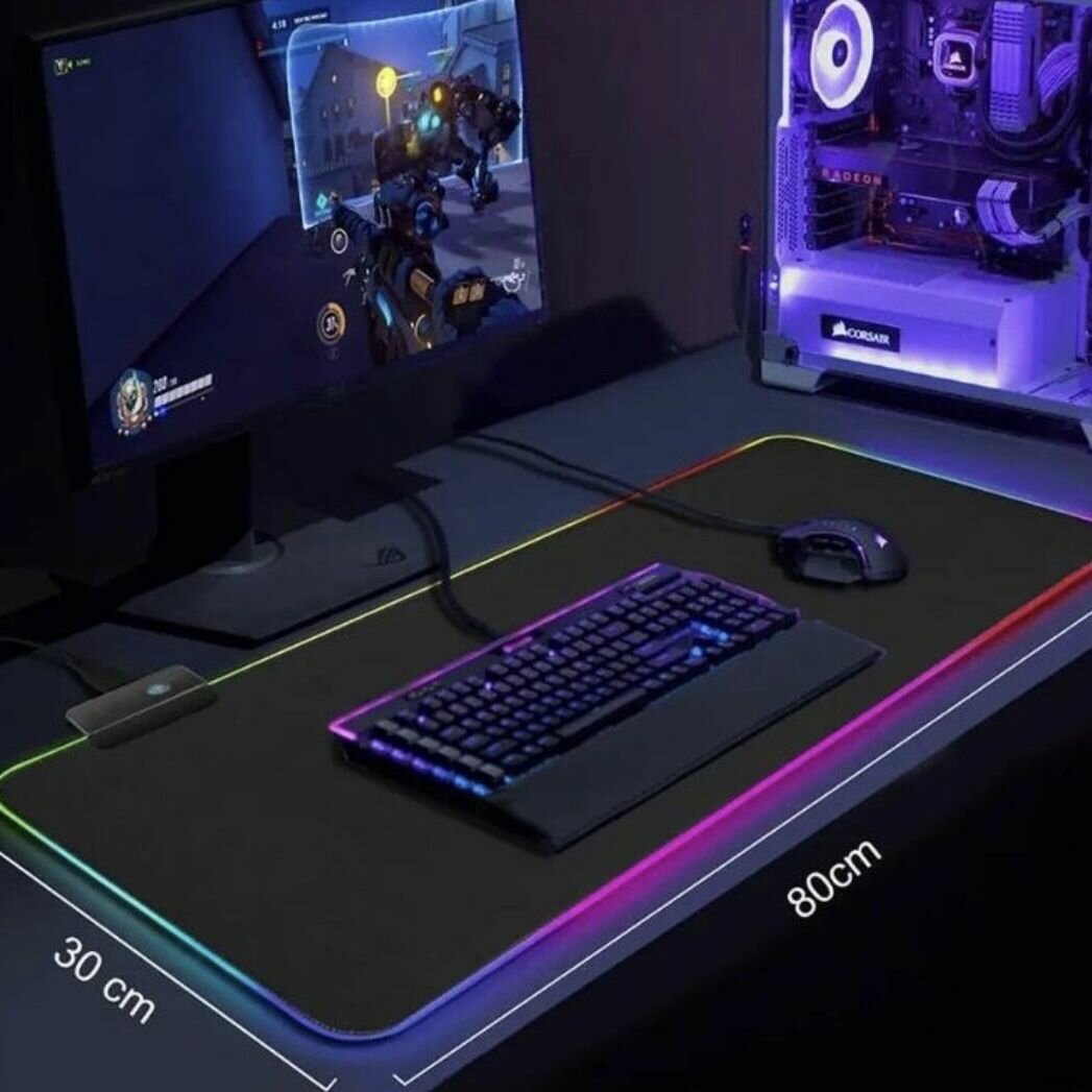 Большой игровой компьютерный коврик с RGB-подсветкой для мыши размером 80 на 30 см.