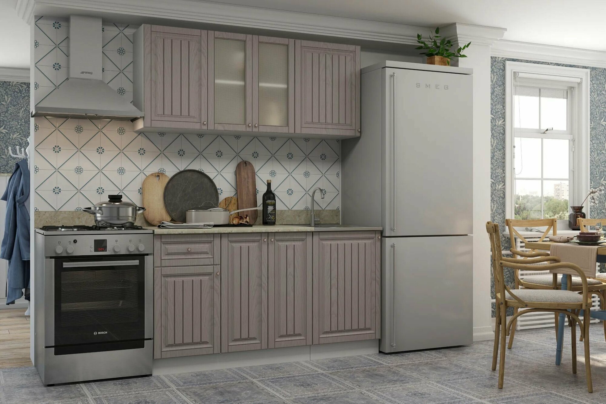 фото Кухонный гарнитур Хозяюшка 1,5м, корпус белый ЛДСП, фасад Трюфель МДФ, столешница Калакатта 1м, 2057х1500х600 ЭРА