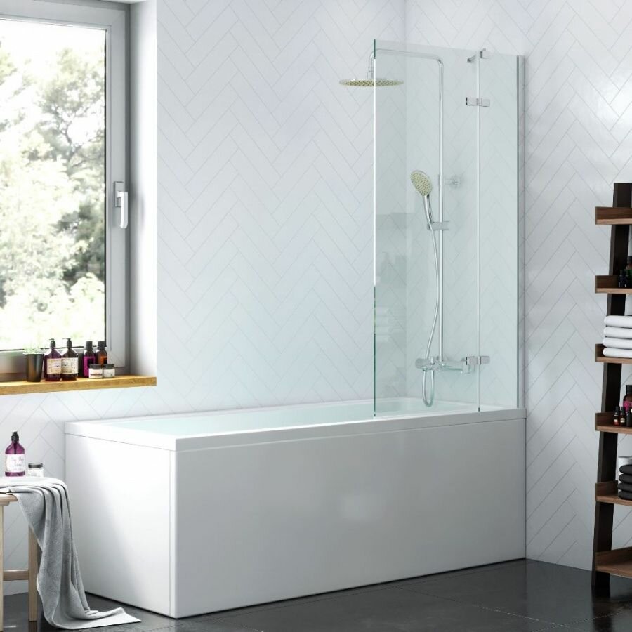 Штора для ванной AM.PM Tender W45BS-D3W5-140CT 80х140 см, стеклянная шторка для ванной, поворотная с неподвижным элементом, стекло прозрачное, профиль хром, Германия