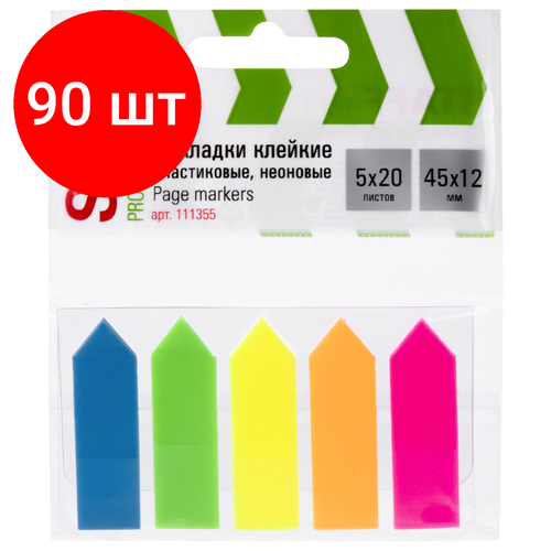 Комплект 90 шт, Закладки клейкие STAFF неоновые стрелки, 45х12 мм, 5 цветов х 20 листов, в пластиковой книжке, 111355