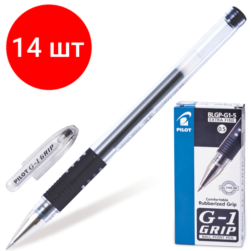 Комплект 14 шт, Ручка гелевая с грипом PILOT G-1 Grip, черная, корпус прозрачный, узел 0.5 мм, линия письма 0.3 мм, BLGP-G1-5