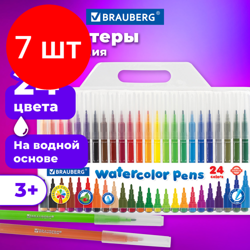 Комплект 7 шт, Фломастеры BRAUBERG PREMIUM, 24 цвета, классические, вентилируемый колпачок, ПВХ-упаковка с европодвесом, 151936