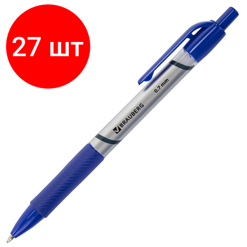 Комплект 27 шт, Ручка шариковая автоматическая с грипом BRAUBERG Leader, синяя, корпус с печатью, узел 0.7 мм, линия письма 0.35 мм, 141540 универсальный рюкзак brauberg functional leader