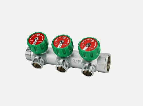 Изображение товара VARMEGA Коллектор с регулировочными клапанами, хромированный 3/4" х 3/4"ЕК - 3 выхода / контура / отвода, VM14613