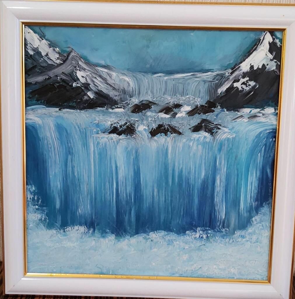 Картина в раме. Миляева Нина "Водопад", холст, масло, 30x30. Авторская живопись.