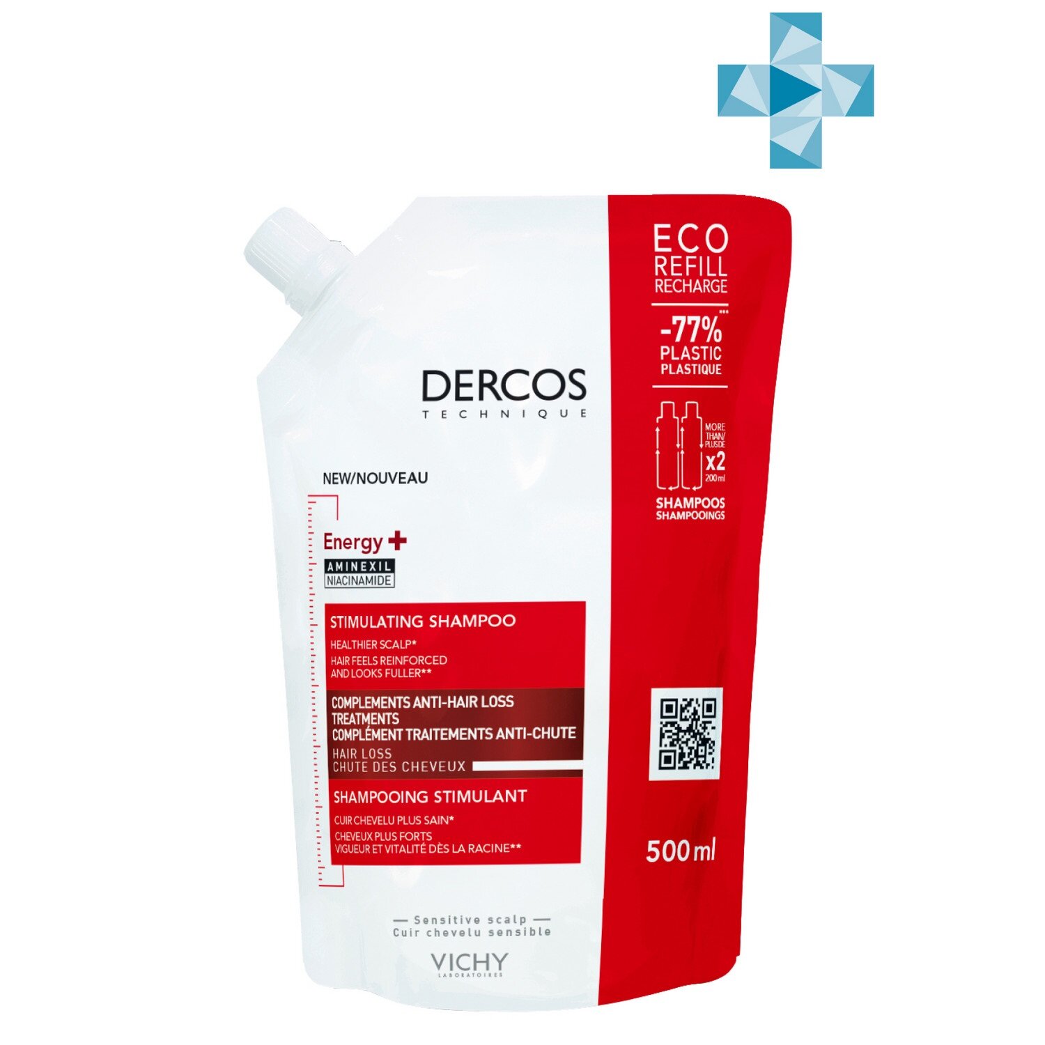 VICHY DERCOS Energy + Шампунь п/выпадения волос, 500мл эко-рефилла! Сменный блок