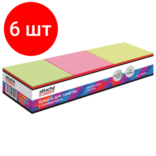 Комплект 6 упаковок, Стикеры Attache Economy с клеев. краем 76x76 мм, 100л в блоке, неон 12 бл attache economy стикеры с клеевым краем 76х76 мм 12 блоков по 100 листов неон 1266204 разноцветный 75 г м² 12 шт 232 мм 82 мм 1200 листов