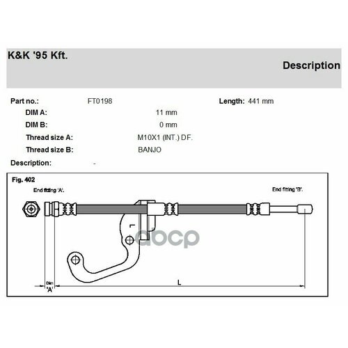 Шланг тормозной передн лев HYUNDAI: Galopper II (JK-01) 2.5 TD, 3.0 V6 08.98- K &K арт. FT0198