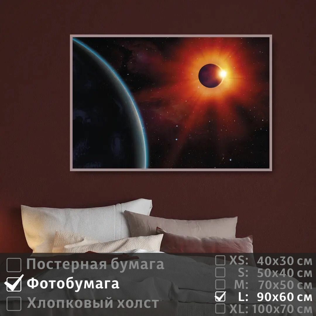Постер на фотобумаге Планета Земля В Космосе При Ярком Свете 90х60 см ПолиЦентр