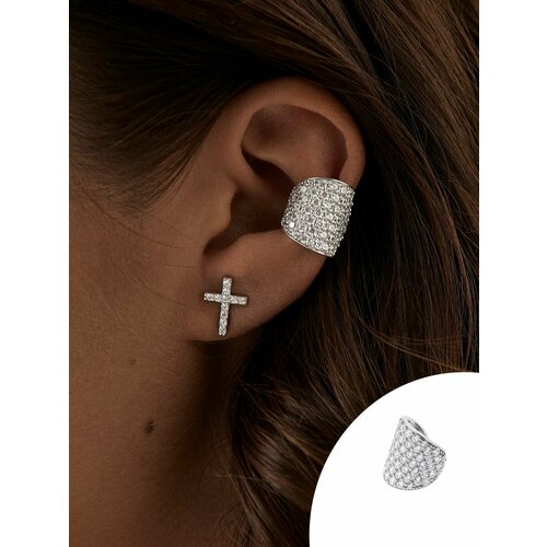 Моносерьга MIESTILO серьга кафф на ухо без прокола ювелирный, серебро, 925 проба, родирование, фианит, серебряный