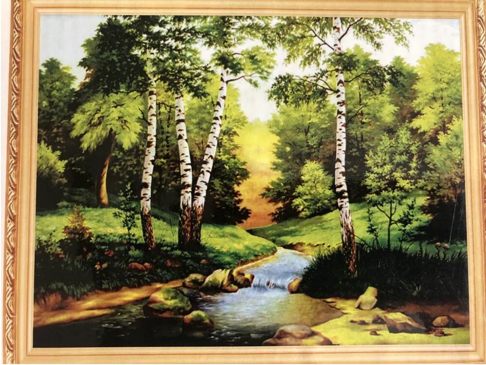 фото Алмазная мозаика "Лесная река и березы" 40x50 см.