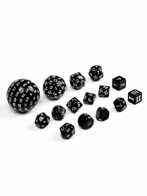 Большой набор кубиков для DnD, чёрные, 15 шт, от 4 до 100