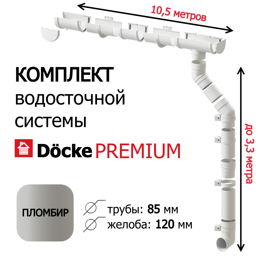 Водосточная система, Docke Premium, 10,5м/3,3 м, RAL 9003, цвет пломбир, водосток для крыши дома.