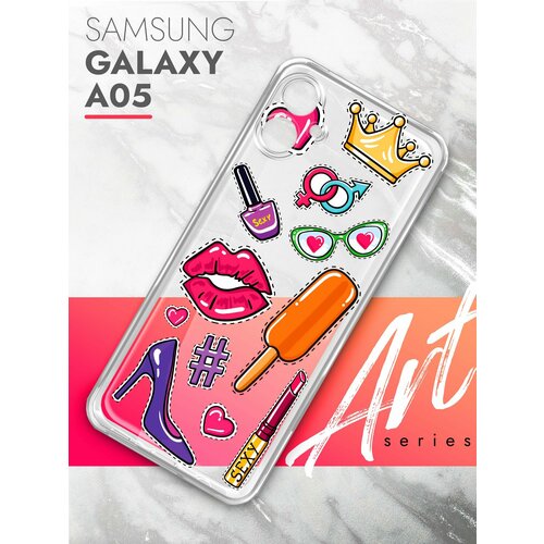 Чехол на Samsung Galaxy A05 (Самсунг Галакси А05), прозрачный силиконовый с защитой (бортиком) вокруг камер, Brozo (принт) Женские штучки чехол на samsung galaxy a05 самсунг галакси а05 черный матовый силиконовый с защитой бортиком вокруг камер brozo принт губы