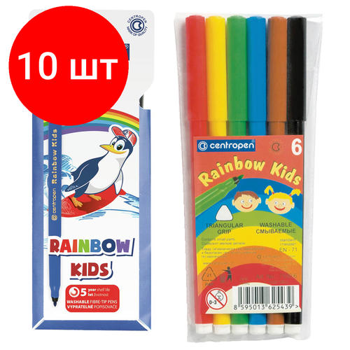 Комплект 10 шт, Фломастеры Centropen Rainbow Kids, 06цв, трехгранные, смываемые, ПВХ