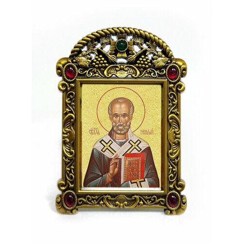 Икона "Святитель Николай, архиепископ Мирликийский, чудотворец" (в синем) в рамке-киоте "VISANTI", размер 9,5х6,7см.
