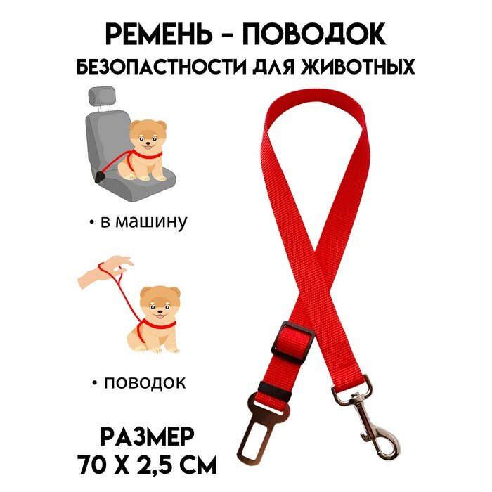 фото Автомобильный ремень безопасности для собак, 70 х 2,5 см, красный