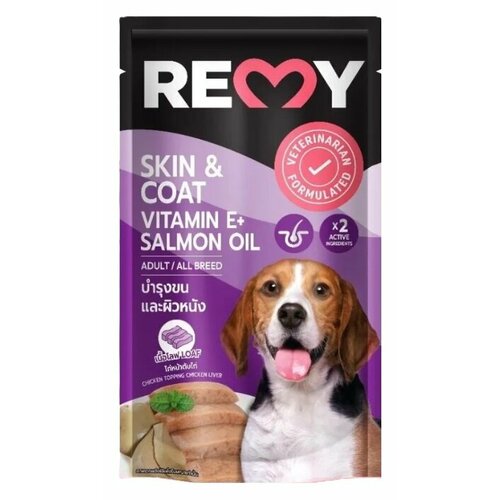 Корм влажный для взрослых собак REMY, с куриной печенью в желе, для ухода за кожей и шерстью, 110 гр