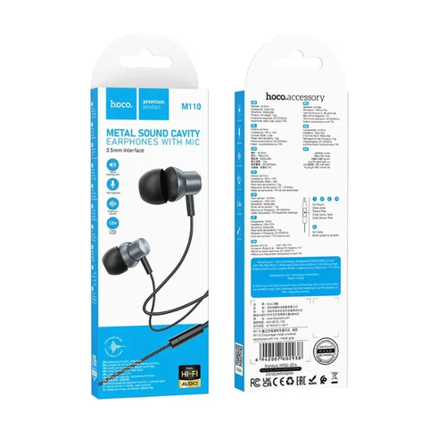 Проводные наушники с микрофоном Hoco M110 Encourage metal 35 jack провод 12m серый металлик 239₽