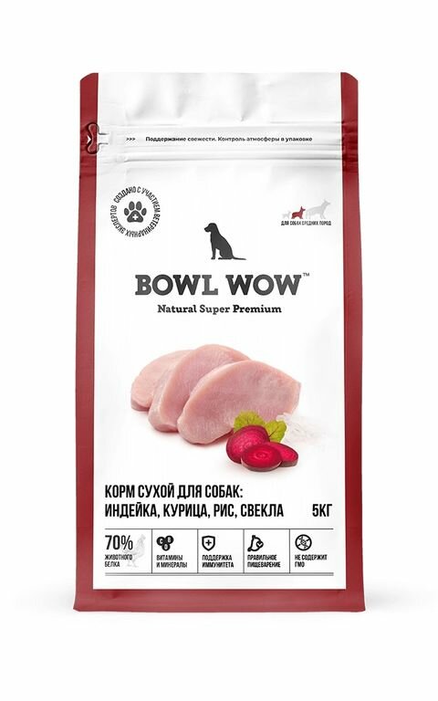 BOWL WOW Корм сухой для собак средних пород: Индейка, Курица, Рис, Свекла, 5 кг