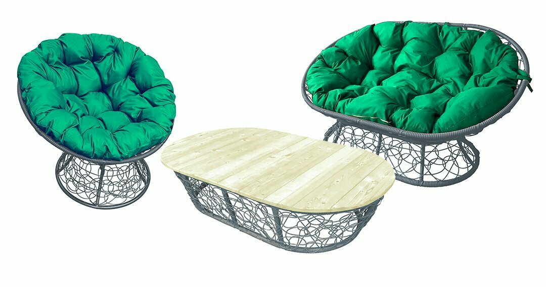 Комплект M-group мамасан, папасан и стол с ротангом серое зелёная подушка