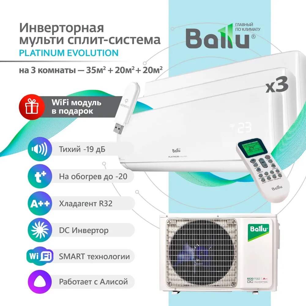 Инверторная Мульти сплит-система BALLU на 3 комнаты (35+20+20)м2 BA2OI-FM/21HN8+12HN8+07HN8*2, белый