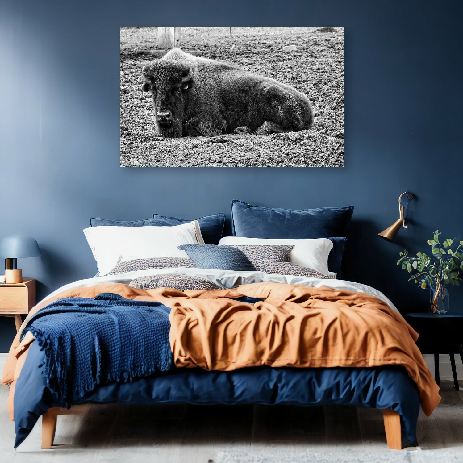 Картина на холсте "Зубр, пастбище, рога" на подрамнике 120х75 см. для интерьера