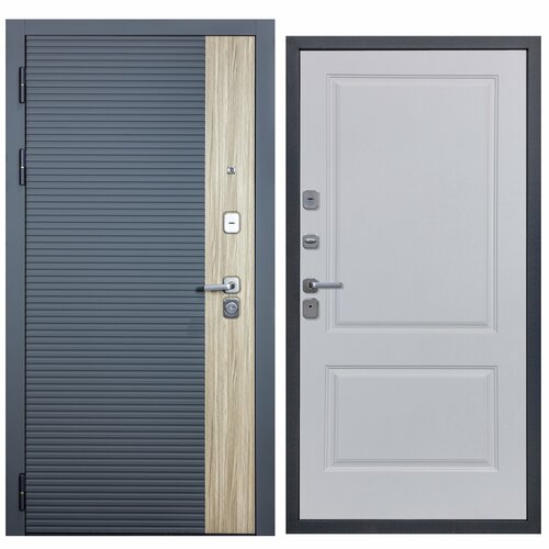Дверь входная металлическая DIVA-76 2050*960 Левая Дуб / Серый - Д7 Белый софт, тепло-шумоизоляция, антикоррозийная защита для квартиры.