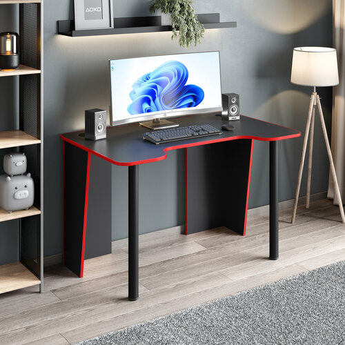 Игровой компьютерный стол, черный с красной кромкой, 120х75х72см, черные ножки