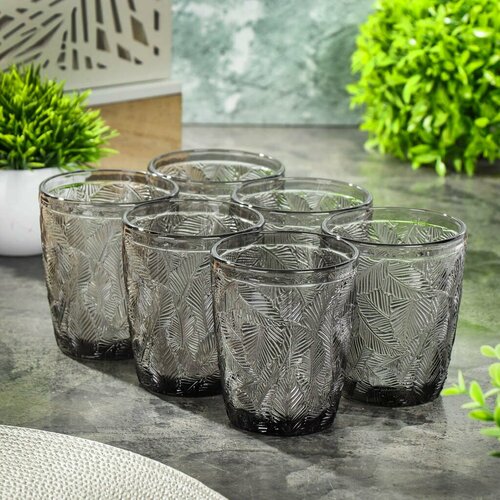 Набор стаканов 300 мл, стекло, 6 шт, Листья, серый, Y6-10166
