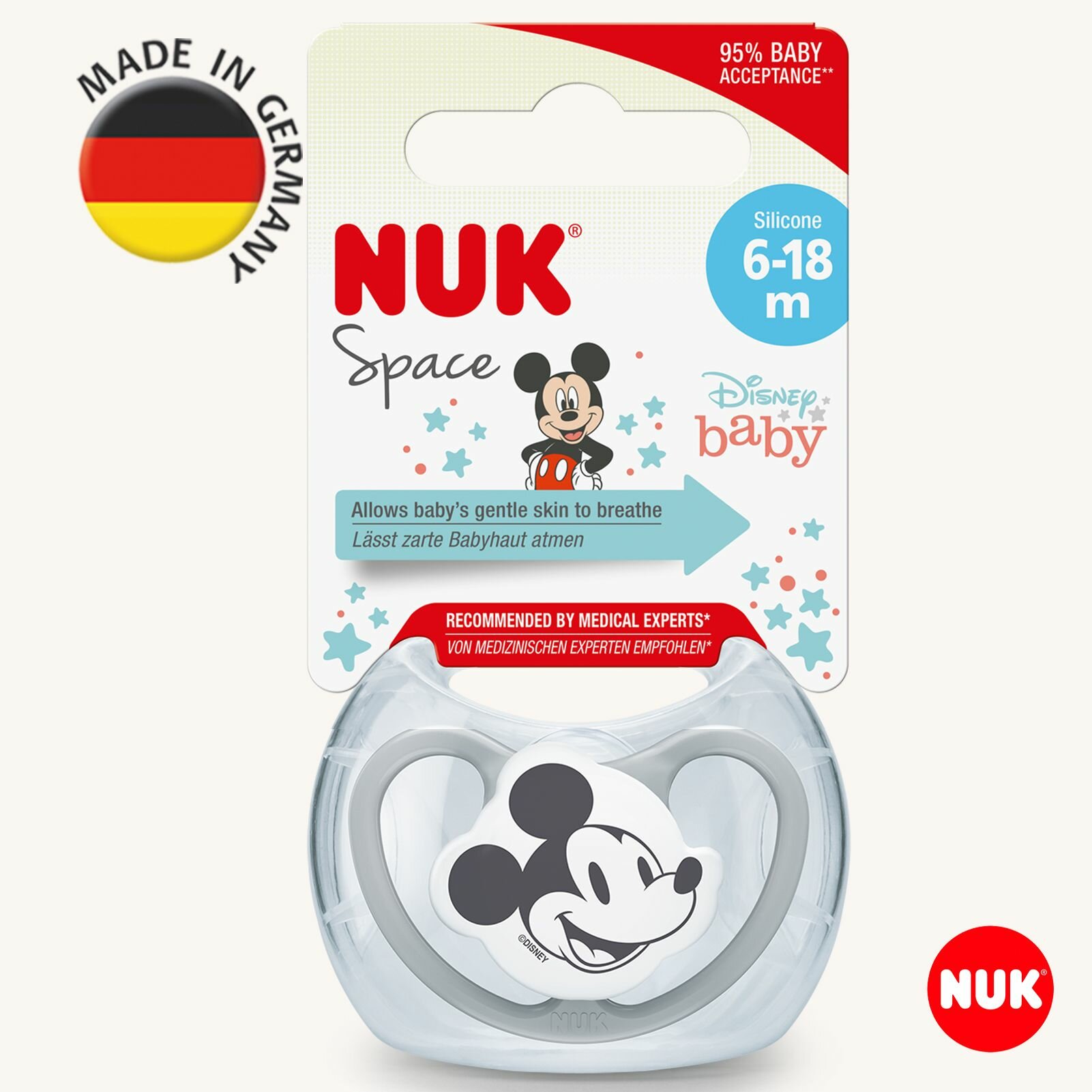 NUK SPACE MICKEY Соска пустышка ортодонтическая силиконовая для детей 6-18 месяцев, 1 шт.