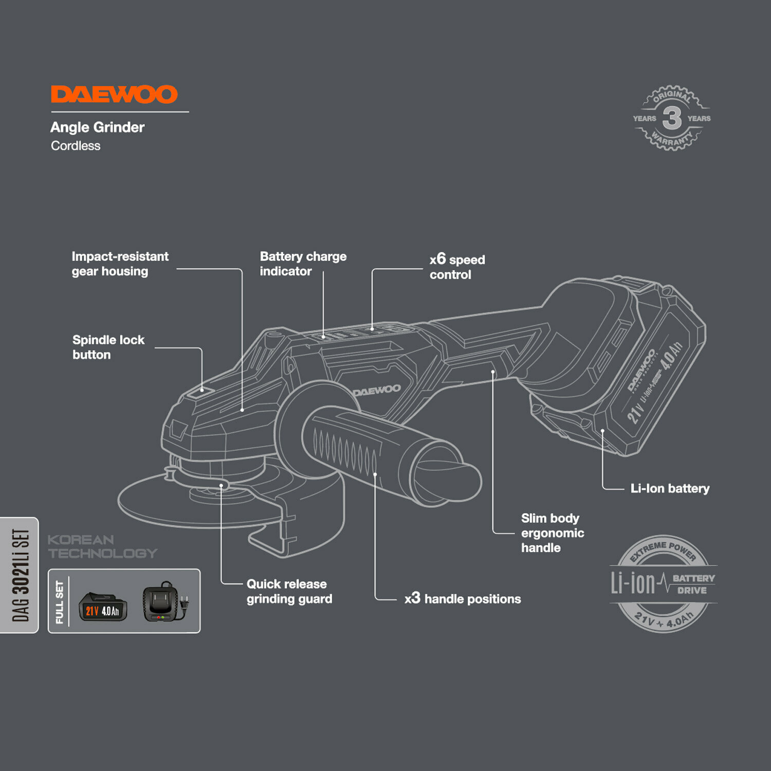 УШМ аккумуляторная Daewoo DAG 3021Li SET - фото №11